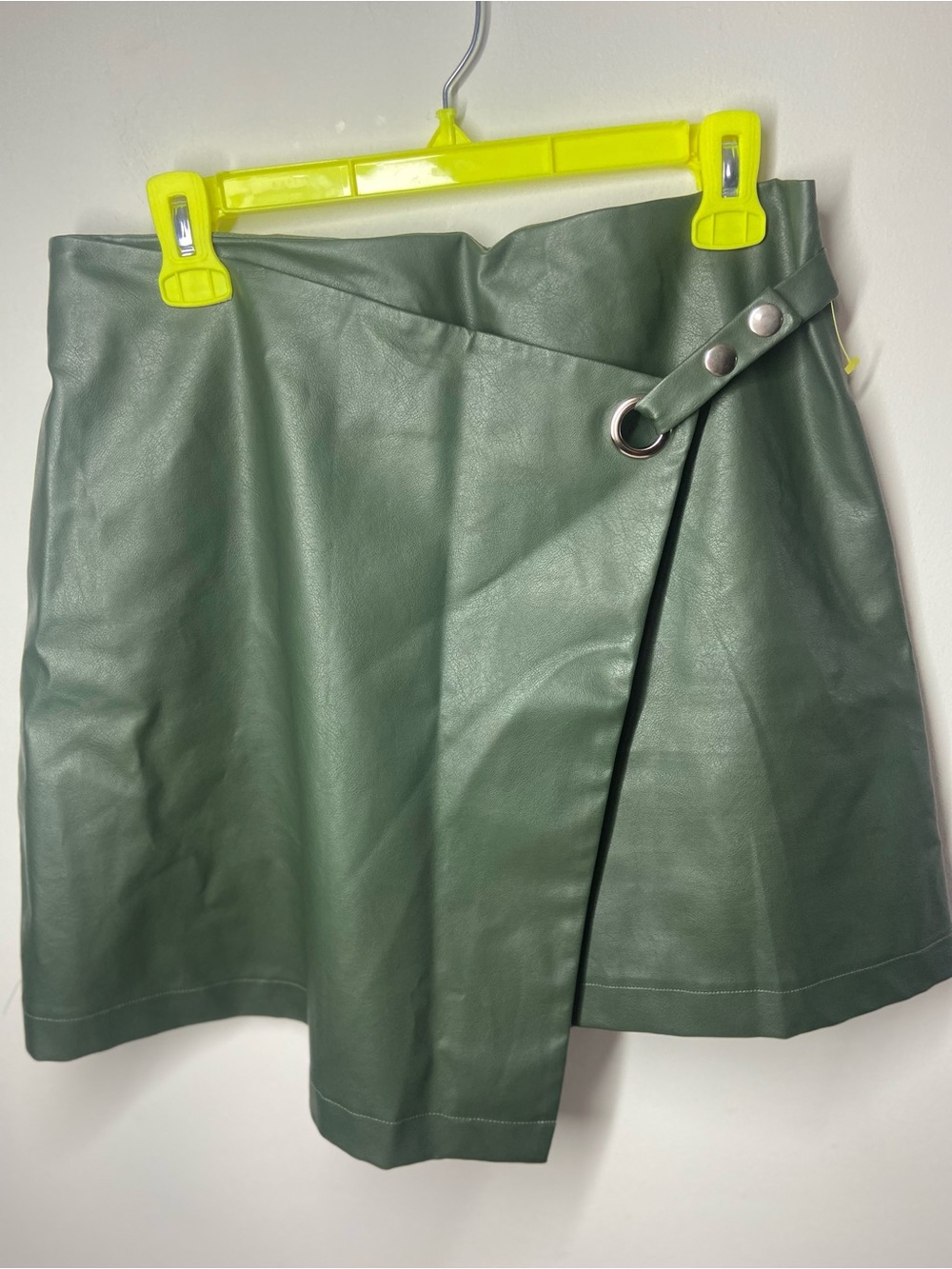 Alya Olive Green Faux Leather Wrap Mini Skirt with Grommet Strap